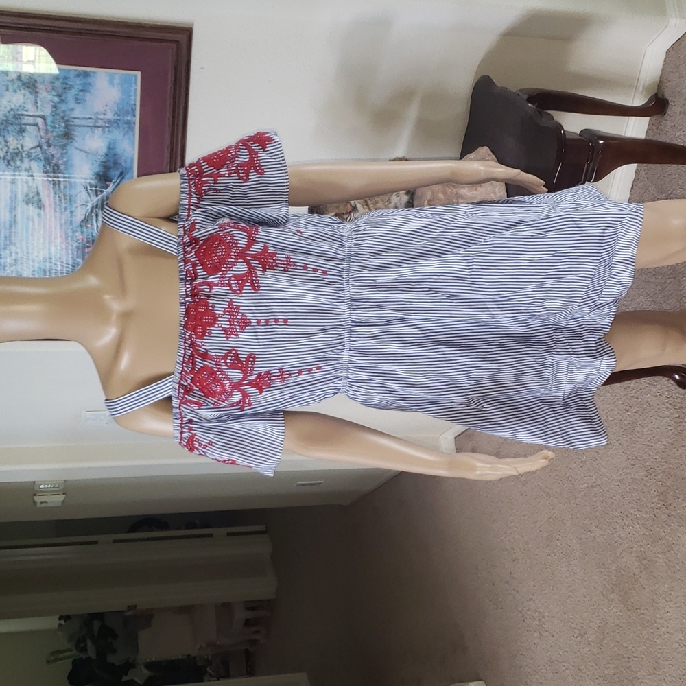 Miami m red floral embroidery over stripes off shoulder